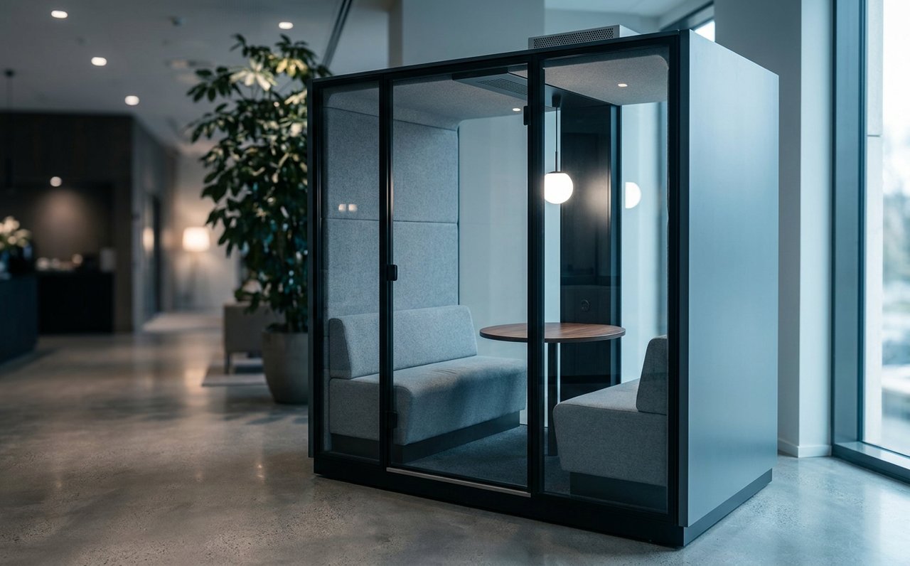 Free-standing acoustic meeting pod in an office lobby