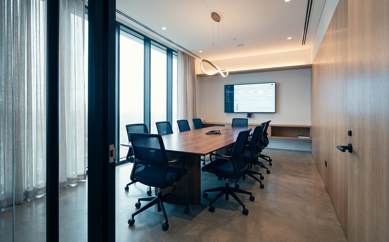Modern hotel meeting room with conference table and natural light